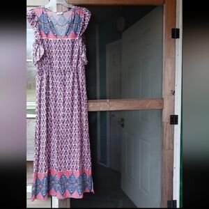 Glam Pink and Blue Patterned Maxi Dress